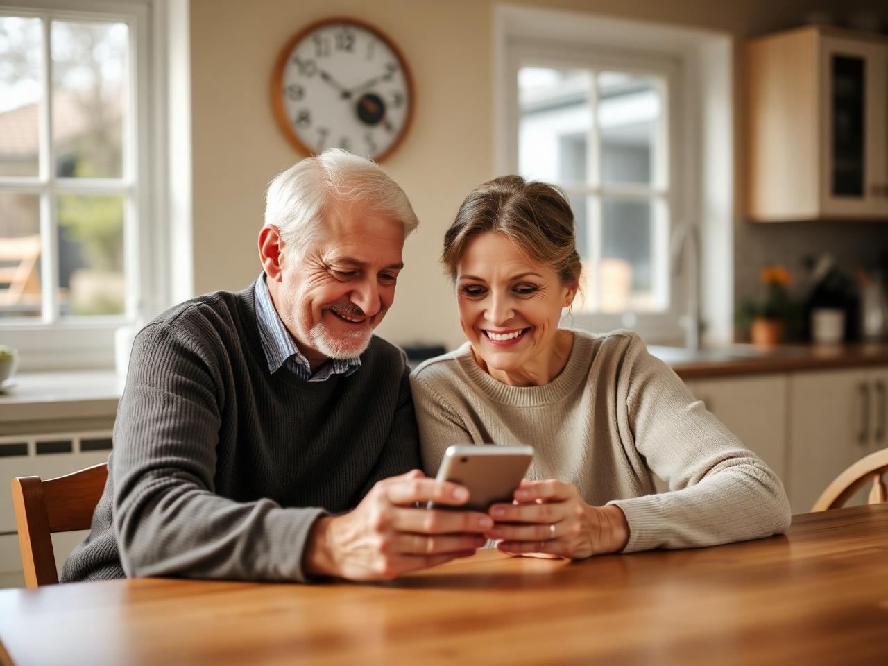 An adult daughter and her elderly father smiling together while looking at a phone