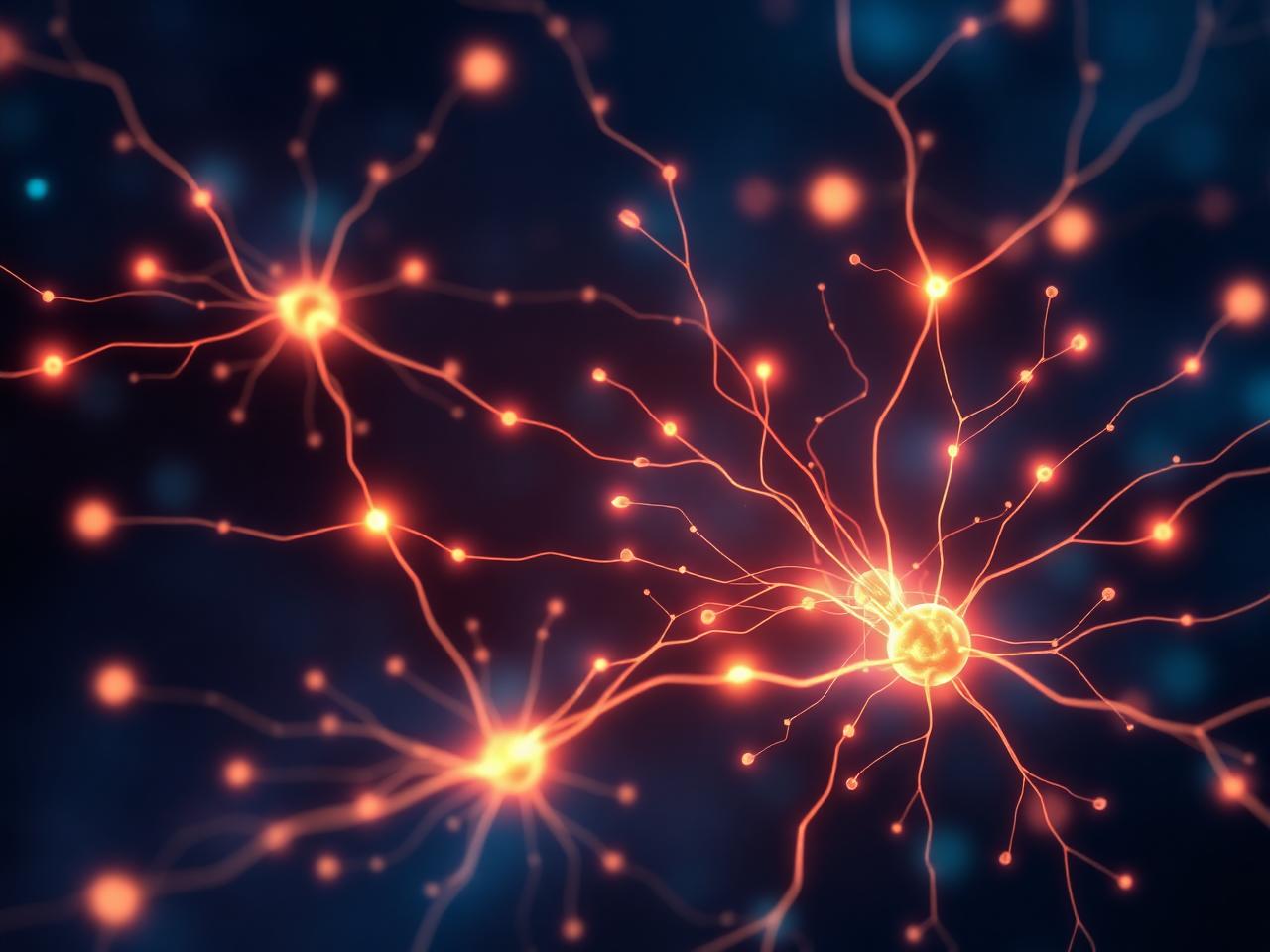 Abstract visualization of neural synapses connecting in warm amber and teal light
